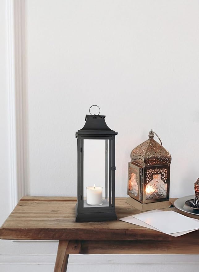 Serene Spaces Living 25" Tall Black Decorative Hurricane Lantern with Clear Glass Panels - Indoor Lantern and Outdoor Lantern for Porch, Events, Parties, & Table Top Decor - Extra Large Lantern