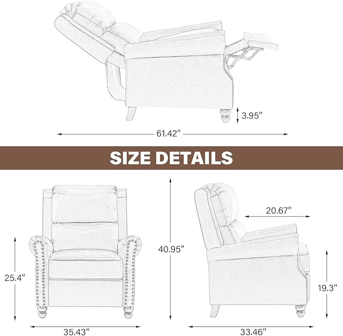 UIXE Pushback Recliner Chair, PU Leather Armchair Push Back Accent Chair for Living Room, Rivet Trim Club Chair Home Theater Overstuffed Single Sofa Bedroom Reading Seat - Black