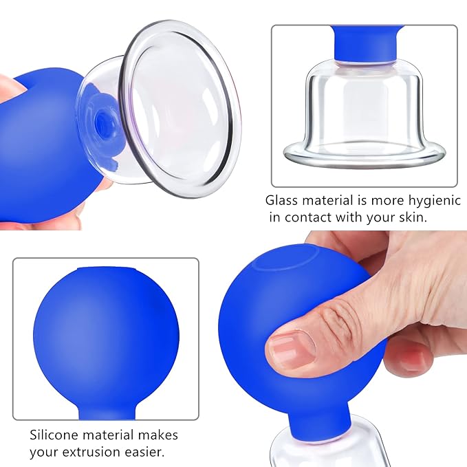 4 Size Facial Cupping Therapy Set Glass, Eye Face Vacuum Massage Anti Cellulite Cup - Silicone Cupping Massage Therapy, for Beauty Body Cup Fascia Massager (Gift Box Packaging-Blue)
