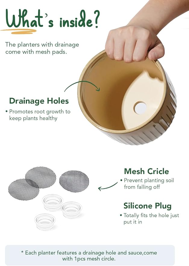 LE TAUCI Fluted Ceramic Planters Set of 3 – 8.3/7 / 5.7 in Cloud Cream Reactive Cylinder Indoor Plant Pots with Drainage Plug & Mesh, Glossy Stoneware Flower Pots for Succulents Herbs