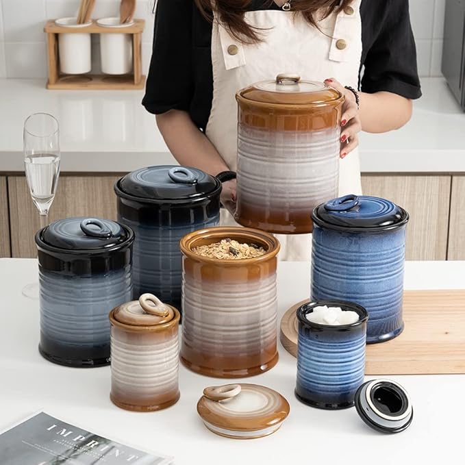 Nihow Ceramic Food Storage Jar Sets: Container with Air Tight Ceramic Lid for Flour/Sugar/Rice/Coffee/Cookies/Candy - Seal Damp-proof Canister for The Kitchen - Set of 3 （Gray）