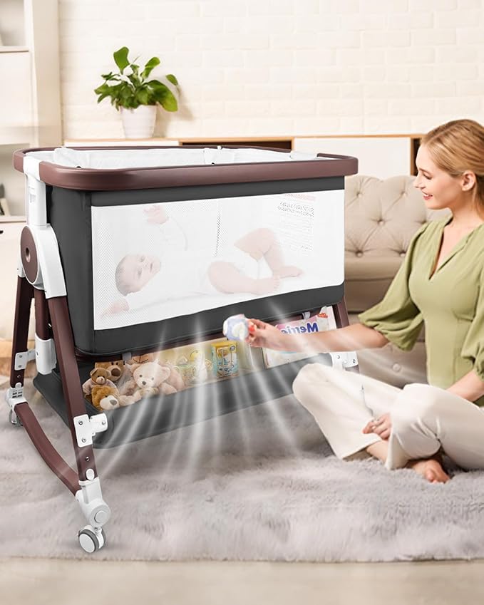 4 in 1 Baby Bassinet, Bassinets Bedside Sleeper with Wheels and Storage Basket, Adjustable 7 Heights Bedside Sleeper with Mosquito Net, Breathable Mesh Rocking Bassinet for Baby