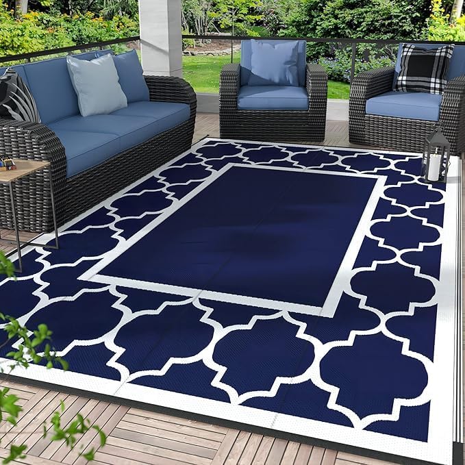 GENIMO Outdoor Rug Waterproof for Patio Decor, 8'x10' Reversible Plastic Straw Rug Carpet, Camping Mats for Outdoor, RV, Backyard, Deck, Balcony, Picnic, Blue & White