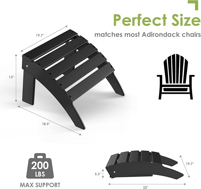 GREENVINES Adirondack-Ottoman | Set of 4 | HDPE Plastic | Outdoor Footrest | All Weather | Foot Rest | Foot Stool | Black | for Adirondack Chair | for Patio Backyard Pool
