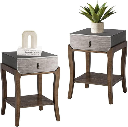 COSIEST Set of 2 Rustic Nightstand, 2-Tier Farmhouse Bedside Table, Wood Accent End Table with Storage Drawer and Open Display Shelf for Bedroom Nursery Living Room (Walnut & Silver)