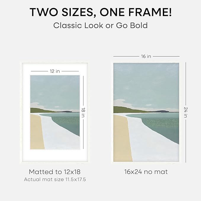 Homeforia White Picture Frame 16x24, High End Oak White 16x24 Frame with Mat 12x18 Photo, 16 x 24 Wooden Poster Frames Matted to 12 by 18, 24x16 Wood Hanging Frames, Tempered Glass, Wall Kit, Set of 1