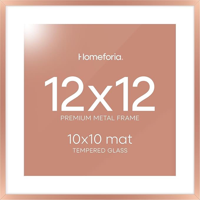 Homeforia 12x12 Picture Frame Rose Gold, High End Metal 12 x 12 Square Poster Frame with Mat 10 x 10 Photo, 12x12 Frame Matted to 10x10 Print, 12by12 Hanging Frames, Tempered Glass, Wall Kit, Set of 1