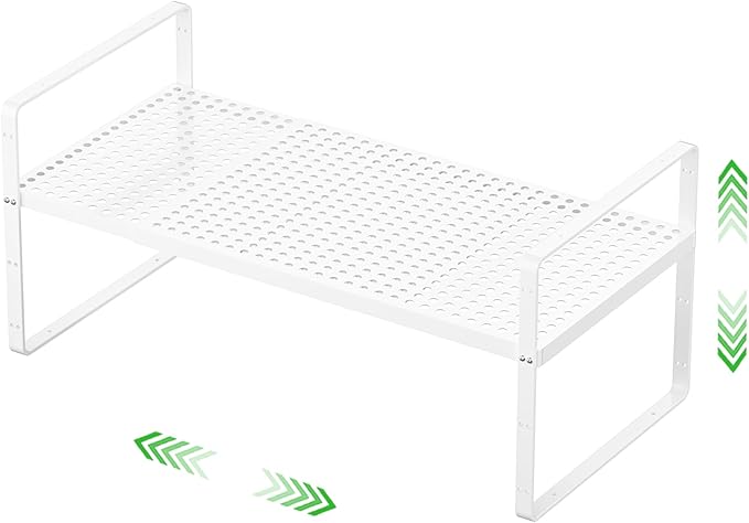Expandable Cabinet Storage Shelf Stackable Organizer Rack for Kitchen Bathroom Pantry Spice Cupboard Coffee Countertop Home Office Desk Heavy Duty Nonslip White Small 1 Pack
