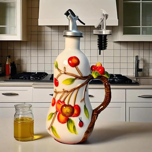 18 Oz Hand Painted Relief Ceramic Olive Oil Bottle Dispenser for Kitchen, Oil and Vinegar Bottle, Seasoning Bottle with Stainless Steel Nozzle, 540mL Oil Container with Handle for Cooking, Light Proof