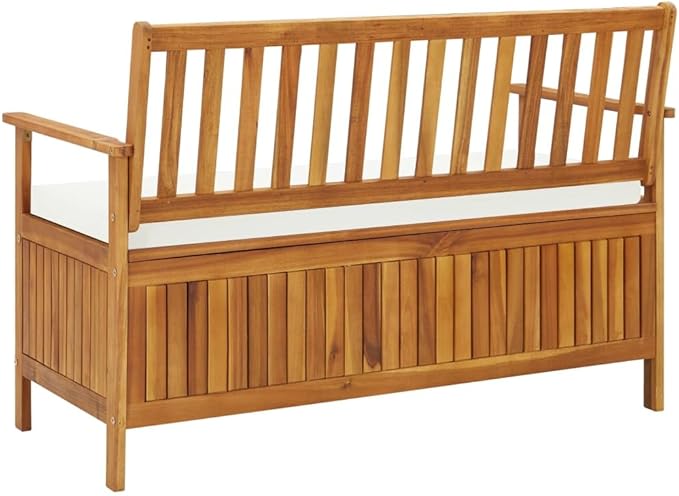 vidaXL Solid Acacia Wood Outdoor Storage Bench with Backrest, Armrests, and Cushion - 47.2"x24.8"x33.1" Rustic Patio Furniture with Large Storage Compartment