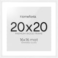 Homeforia 20x20 White Picture Frame, High End Oak 20 x 20 Square Wood Frames with Mat 16 by 16 inches Photo, 20by20 White Wooden Poster Frames Matted to 16x16 Print, Tempered Glass, Wall Kit, Set of 1
