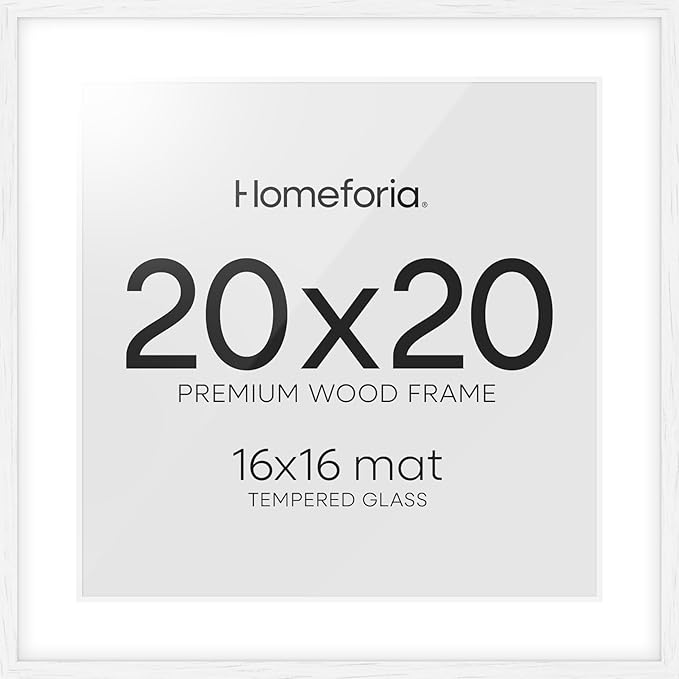 Homeforia 20x20 White Picture Frame, High End Oak 20 x 20 Square Wood Frames with Mat 16 by 16 inches Photo, 20by20 White Wooden Poster Frames Matted to 16x16 Print, Tempered Glass, Wall Kit, Set of 1