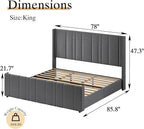 King Size Bed Frame and Headboard, Modern Velvet Upholstered Bed Frame with Vertical Channel Tufted Headboard & Footboard, Soft Bed Frame King, Noise Free, No Box Spring Needed, Easy Assembly, Grey