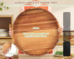 Large Ottoman Tray, 22" Big Ottoman Tray for Living Room, Large Serving Tray with Handles for Coffee Table Kitchen Counter,Great Round Wooden Trays with 4 Round Coasters for Appetizers, Dinner