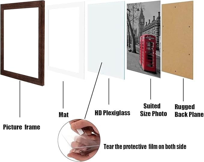 12x12 Picture Frame Set of 6, Display Pictures 8x8 with Mat or 12x12 Without Mat for Wall Mounting,Rustic Brown