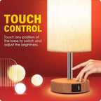 Yarra-Decor Bedside Lamp with USB A+C Port - Touch Control Table Lamp for Bedroom Wood 3 Way Dimmable Nightstand Lamp with Round Flaxen Fabric Shade for Home Office (LED Bulb Included)