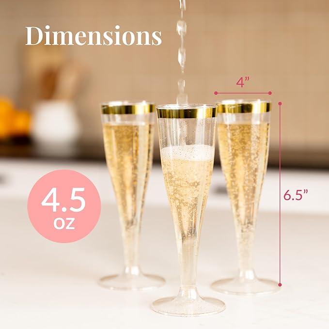 Prestee Set of 24 Plastic Champagne Flutes with Gold Rim - 4.5 oz - Shatterproof Disposable Glasses for Weddings, Cocktail Parties, and Outdoor Celebrations