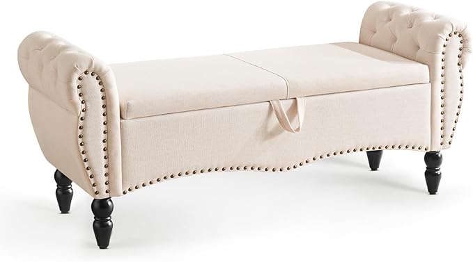 Furniliving Storage Ottoman Bench for Bedroom, Upholstered End of Bed Bench with Solid Wood Legs Modern Shoe Storage Bench Indoor Bench for Living Room Entryway Bench Furniture,Beige, Linen