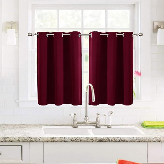 ChrisDowa Small Window Curtains for Kitchen and Bedroom - Grommet Short Thermal Insulated Room Darkening Curtains (2 Panels, Burgundy Red, 42 x 36 Inch)
