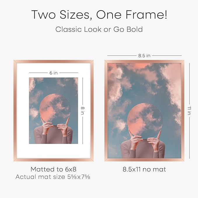 Homeforia 8.5x11 Rose Gold Frame, High End Metal 8.5 x 11 Picture Frames with Mat 6 by 8 inch Photo, 11x8.5 Poster Frame Matted to 6x8 Print, Wall or Tabletop Frame, Tempered Glass, Wall Kit, Set of 1