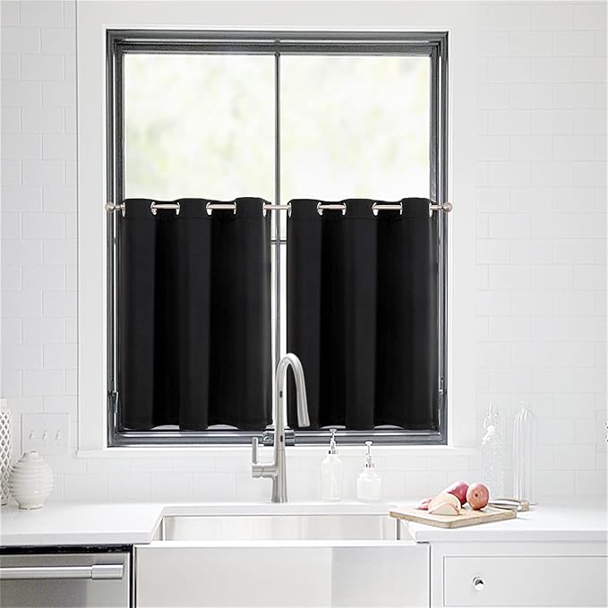 ChrisDowa Small Window Curtains for Kitchen and Bedroom - Grommet Short Thermal Insulated Room Darkening Curtains (2 Panels, Black, 34 x 36 Inch)
