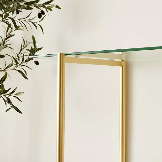 Glass Console Table for Living Room, Foyer & Entrance, 2-Tiers Mid-Century Modern Sofa Table with Clear Glass Top, White Marble Finish Wood Shelf and Gold Finish Frame