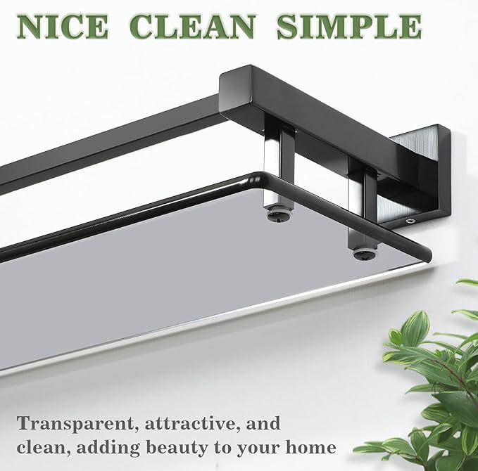 Alise Bathroom Shelf Wall Mounted, Matte Black Large Capacity Glass Shelf for Bathroom, 24 inch