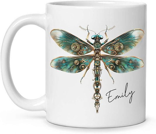 Personalized Steampunk Dragonfly Mug, Customized Name Coffee Cup 11oz, Custom Unique Dragonfly Ceramic Cup, Dragonfly Lovers White Cup, Steampunk Themed Decorative Mug, Kid Cup