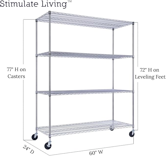 60"x24"x72" PRIME HEAVY DUTY Chrome 4-Tier Wire Shelving NSF 2400 LBS MAX Capacity Storage Rack for Commercial, School, Home, Garage, Warehouse, Industrial, and Hospital Uses (with Wheels)