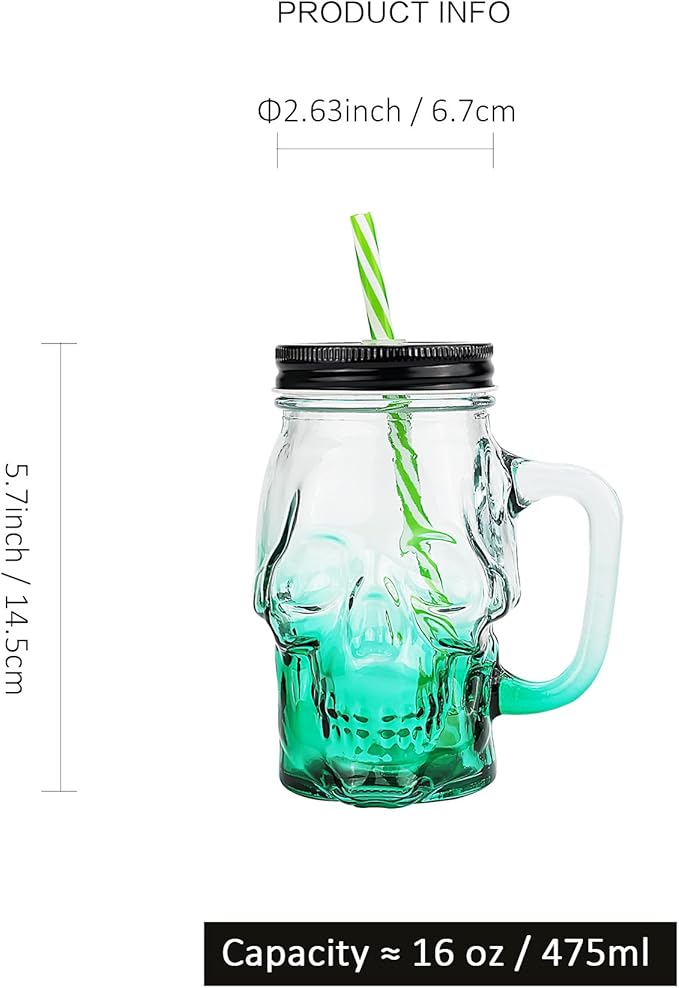 Halloween Cups Set of 4 - Green Skull Glass Drinking Jar with Lids and Straws - Halloween Decor, Drinking Glasses 16 oz