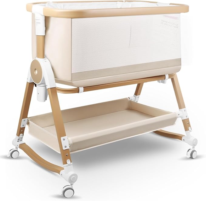 4 in 1 Baby Bassinet, Bassinets Bedside Sleeper with Wheels and Storage Basket, Adjustable 7 Heights Bedside Sleeper with Mosquito Net, Breathable Mesh Rocking Bassinet for Baby