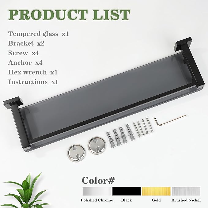 Alise Bathroom Shelves,Matte Black Glass Shelf for Bathroom, Modern Floating Shelves,20 inch