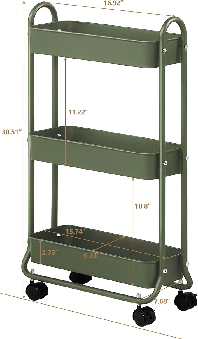 SunnyPoint Slim Rolling Storage Cart, 3 Tier Bathroom Storage Organizer Bathroom, Laundry Utility Cart (Army)