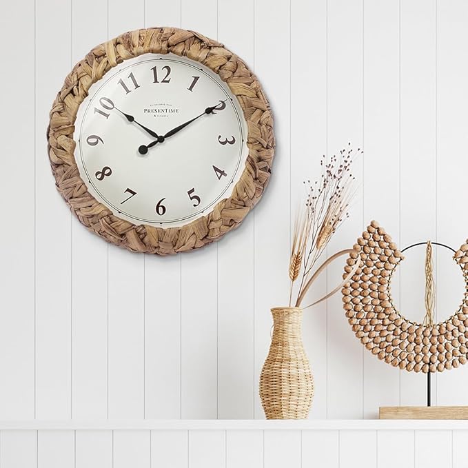 Presentime & Co. Farmhouse Series, Rustic Woven Clock, 12.6 inch, Natural Woven Water Hyacinth/Sea Grass. Wall Sculpture, Wall Art and Timepiece for Home Decoration/Decoration/Farmhouse Décor