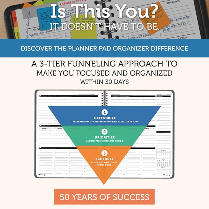 Planner Pad Spiral Bound January-December 2026/ Calender Year 8 1/2" x 11" Large 3-Tier Funnel Down 12 Month Organizer, Black Cover/Black Ink