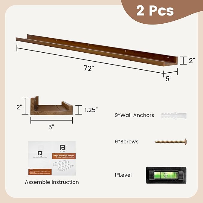 Picture Ledge Shelf, Floating Shelves Set of 2, Solid Pine Wood 72'' Long Large Nursery Book Shelves for Toys Storage, Kids Bookshelf for Living Room Bedroom Decor Books Photo Frames, Walnut