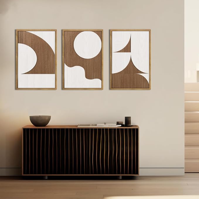 Large Abstract Brown and Beige Wall Art Set Modern Geometric Wood Grain Wall Decor Minimalist Neutral Mid Century Artwork Bohemian Art Decor for Living Room Bedroom Office-16x24Inch x3