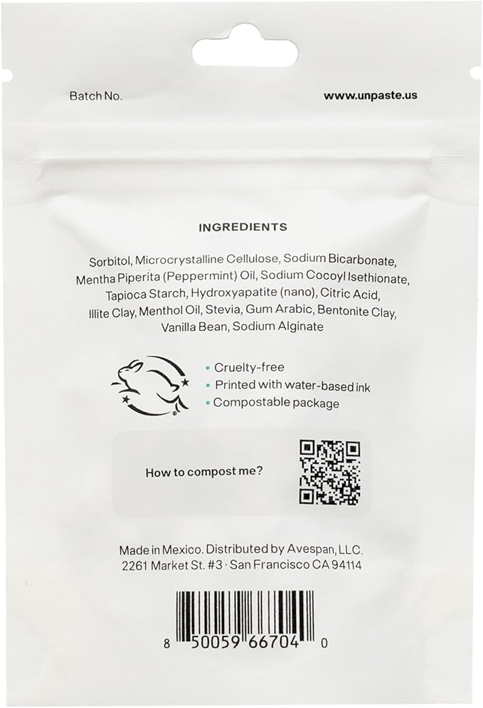 New Formula, Unpaste Toothpaste Tablets, Now w/Nano-HYDROXYAPATITE, Fluoride-Free Mint Remineralizing Tablet, Xylitol Free, Vegan, Plastic Free, Travel-Friendly, Resealable Packet, 125ct/2 mo Supply