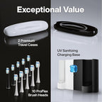 Aquasonic Duo PRO – Ultra Whitening 40,000 VPM Electric ToothBrushes – ADA Accepted - 5 Modes with Smart Timers - UV Sanitizing & Wireless Charging Base - 10 Proflex Brush Heads & 2 Travel Cases