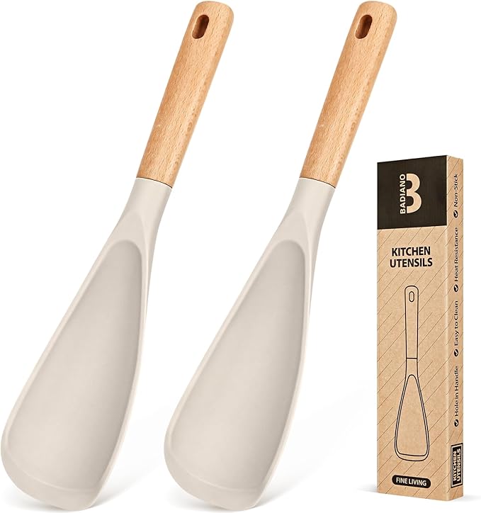 Cooking Spoon for Nonstick Cookwares, Great for Cooking and Serving Sturdy BPA-Free Matte Silicone, Wood Handle Spoon for Mixing, Scoop, and Scrape (2 Pack of Khaki, 11.4 inch)