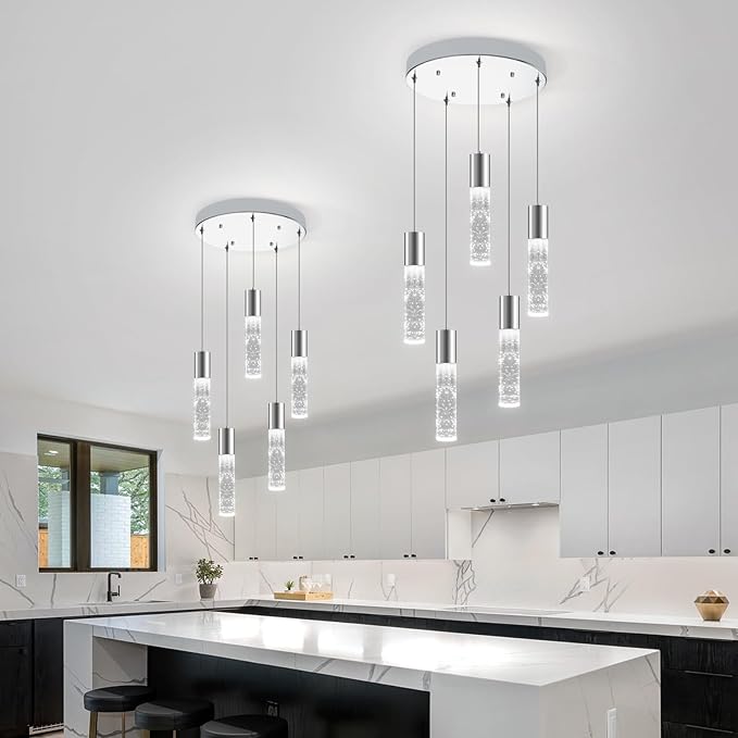 OKELI 5-Light Pendants Light for Kitchen Island Dining Room, 6000K Bubble Crystal Modern LED Kitchen Hanging Lights, 30W Chrome Pendant Lighting Fixture, Round