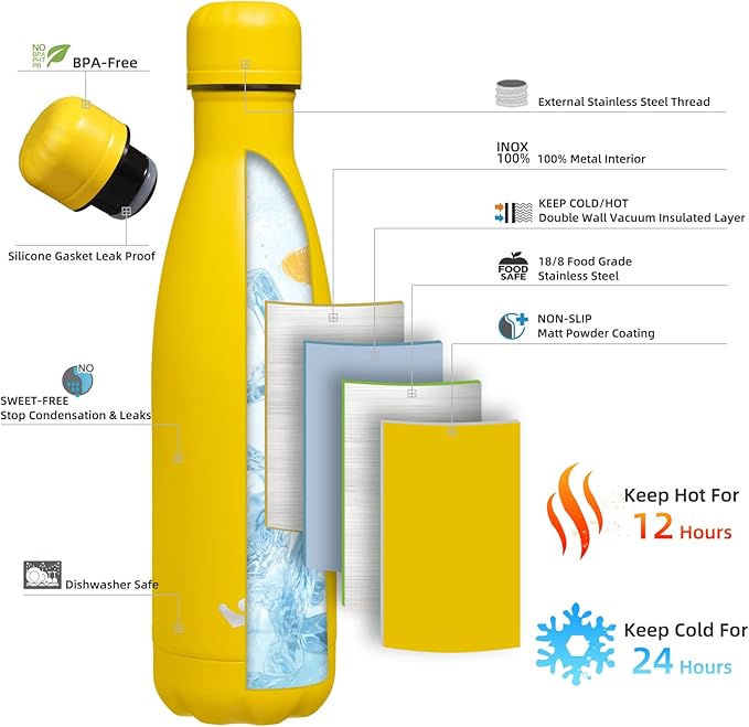 Insulated Water Bottles,17 oz Double Wall Stainless Steel Vacumm Metal Flask for Sports Travel,Yellow