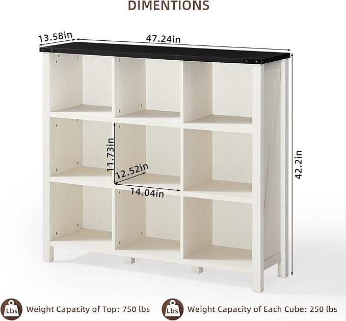 9 Cube Bookcase, Farmhouse 47 Inch Wide White Bookshelf, Wooden 3 Tier Display Large Open Book Shelf, Vintage Horizontal Book Case for Home Office, Cubby Storage Cabinet for Living Room