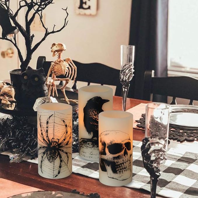 Wondise Halloween Flickering Flameless Candles with 6hrs Timer, Battery Operated LED Real Wax Candles Set of 3 Skull, Spider Web, Crow Raven Decals Halloween Home Decoration Gifts(3 x 3 x 6 Inch)