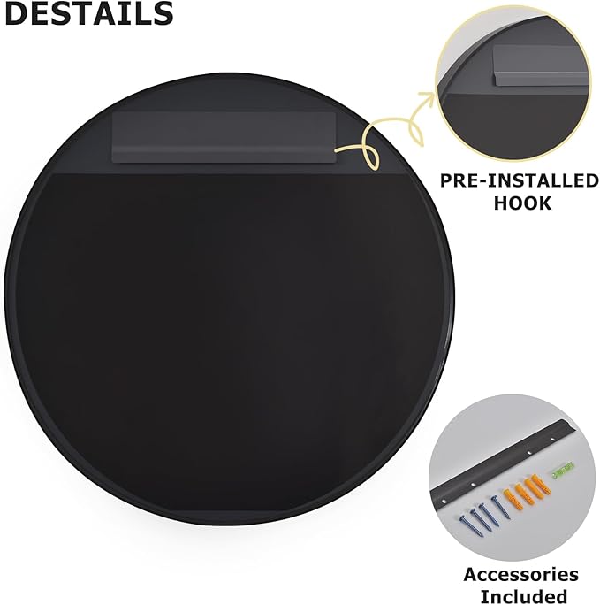 24 Inch Round Bathroom Mirror - Wall Mounted Circle Mirror with Metal Frame, Modern Mirror Suitable for Bathroom, Vanity, Entryway, Living Room, Wall Decor,Black