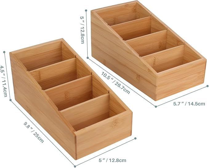 HTB 4-Section Snack Organizer with Removable Dividers for Kitchen, Cabinet, Office, Countertop, 2 Pack Bamboo Pantry Storage Organization for Spice Packets, Seasoning Pouches, Coffee Pods