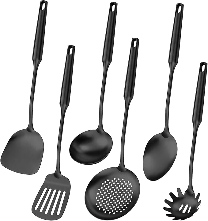 304 Stainless Steel Cooking Utensil,Kitchen Kitchen Utensil with Spatula, Solid Spoon, Ladle, Skimmer, Spaghetti Spoon, 6 Piece Set, Dishwasher Safe(Black)