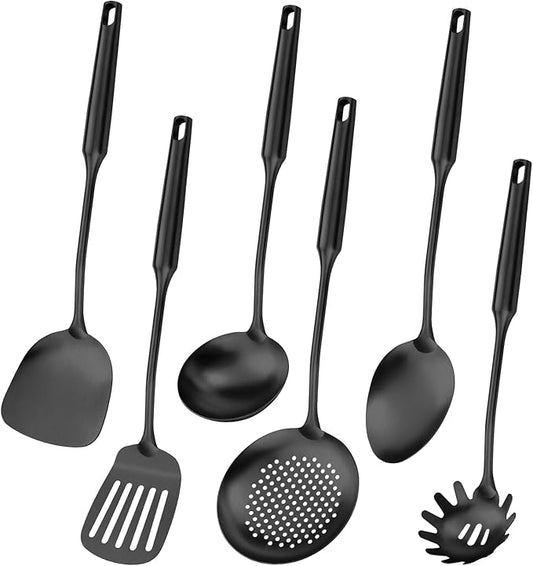 304 Stainless Steel Cooking Utensil,Kitchen Kitchen Utensil with Spatula, Solid Spoon, Ladle, Skimmer, Spaghetti Spoon, 6 Piece Set, Dishwasher Safe(Black)
