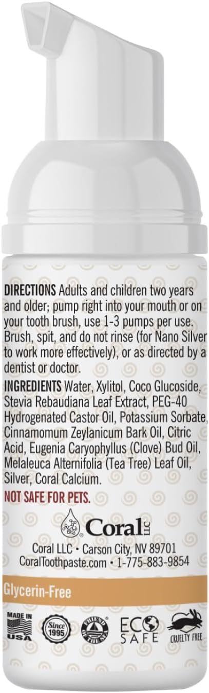 Coral Nano Silver Foaming Cinamon Tea Tree Toothpaste, Natural Fluoride Free Toothpaste, SLS and Glycerin Free - 4 Ounce