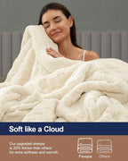 Pawque Super Soft Cozy Throw Blanket Queen Size for Couch Bed, Fluffy Sherpa Fleece Reversible Thick Warm Fuzzy Blanket for All-Season, 3D Checkered Jacquard Decorative Blankets, Cream White, 90"x90"